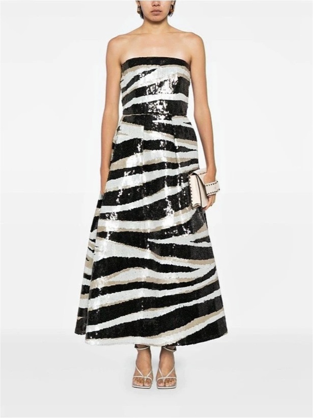 Elie Saab Black White Sequin Zebra Animal Print Strapless Silk Gown